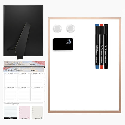 Magnetic Dry Erase Board 12x16 with Foldable Stand, Portable Gold Desktop Whiteboard for Home, Office, School & Kitchen, Includes Weekly & Monthly Magnetic Planner Sheets