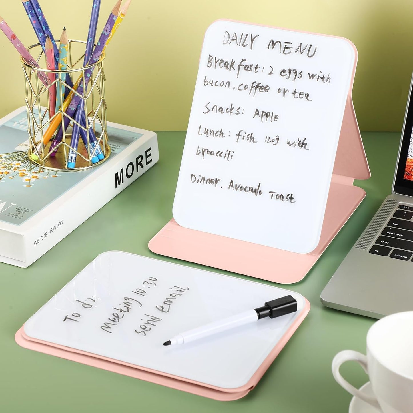 Dunzoom 2 Sets 4 Pcs Small Glass Desktop Whiteboard with Reversable Stand 8x6 Inch Mini Dry Erase White Board Easel with 2 Markers Reusable Desk Notepad for Home Office School Supplies (Pink,Green)