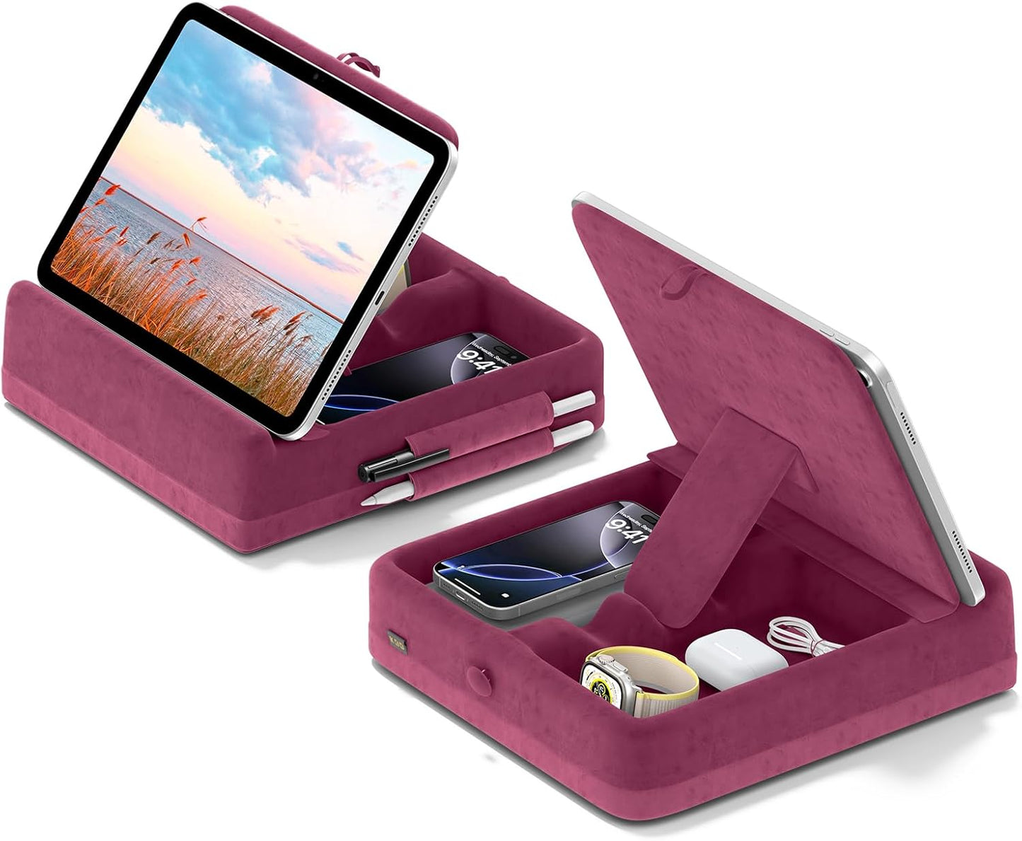 KDD Tablet Pillow Stand with Storage, Foldable iPad Holder for Bed, Lap and Desk, Angle Adjustable Soft Pad Dock with Stylus Mount Compatible with Ipad Pro 12.9, 10.5, 11, Air, Mini, Phones, Books