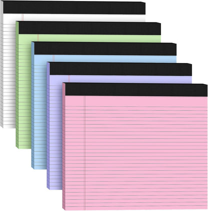 5 Pack Wide Legal Pads 11" x 9.5" Landscape Pink Purple Blue Green Yellow College Ruled Note Pad Narrow Ruled 30 Sheets per Notepad Perforated Writing Paper Thick Backboard Horizontal Pads of Paper