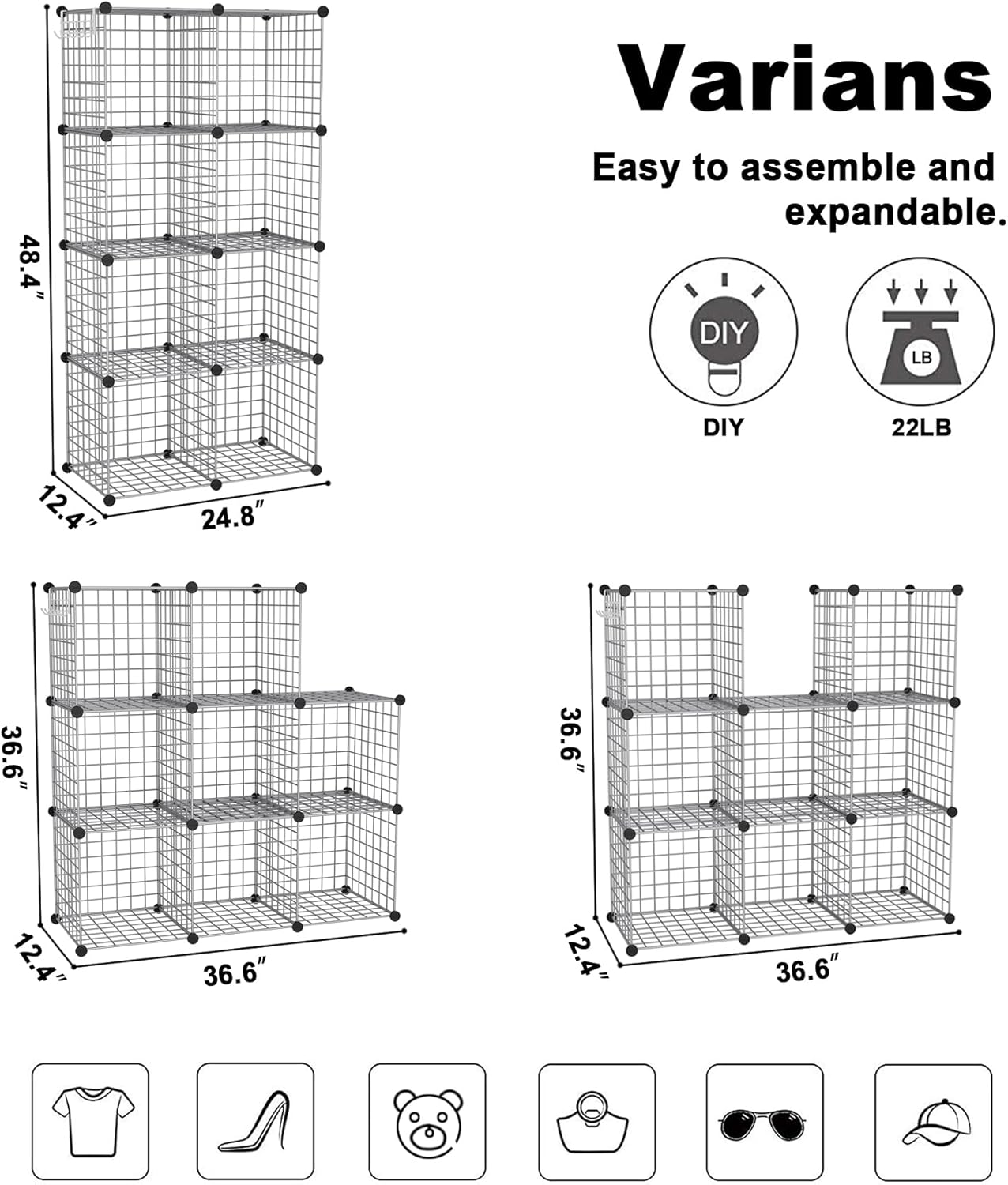 C&AHOME Wire Cube Storage, 6 - Cube Organizer Metal C Grids, Modular Shelves Units, Storage Bins Shelving, Closet Organizer, Ideal for Home, Office, Living Room, 36.6”L x 12.4”W x 36.6”H Black
