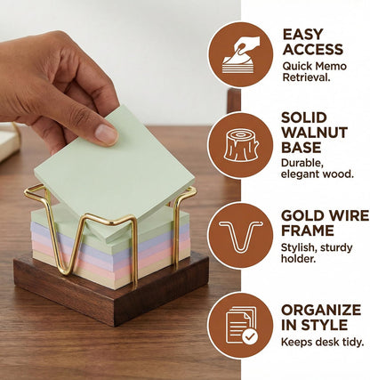 Wood Sticky Note Holder, 3 x 3 inch Self-Stick Note Memo Pad Holder for Desk, Notepad Dispenser for School Office, Gold