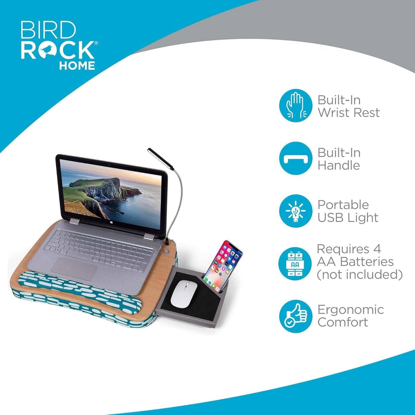 BIRDROCK HOME Deluxe Lap Desk with Pillow Cushion and Wrist Rest - Padded Laptop Desk for Bed, USB Light and Mouse Pad, With Reading Light, Soft Table for Home, Fits Laptops Up to 15" - Teal and Brown