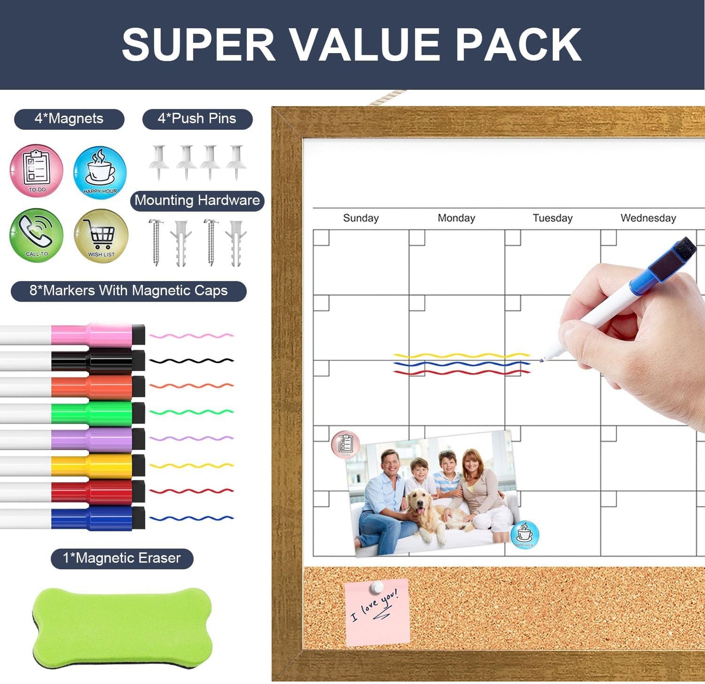 Calendar Whiteboard for Wall, TANKEE 17x13 Inches Whiteboard Calendar Cork Board Combo, Small Magnetic White Board with Wood Framed, Hanging Dry Erase Board for Kitchen Home Office School Planner