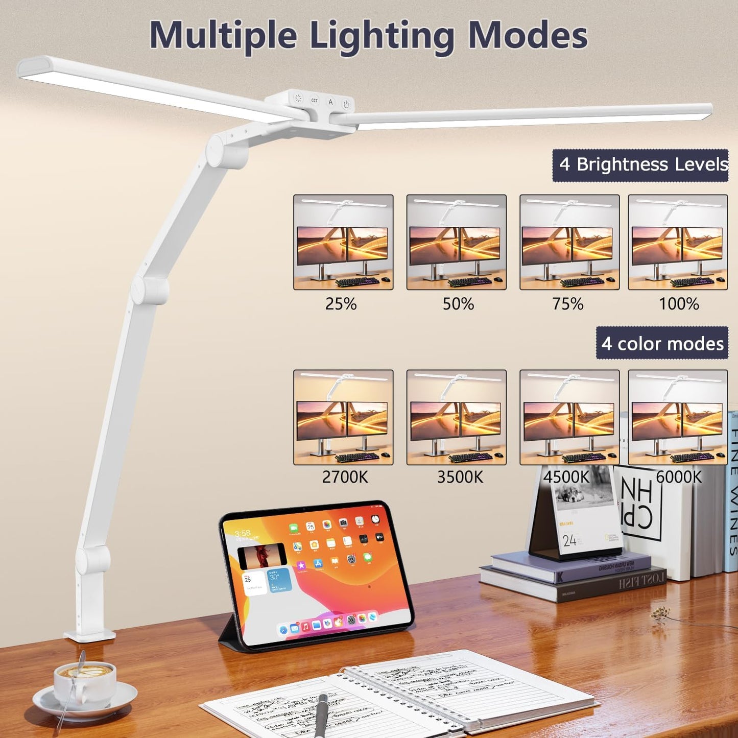 KableRika Desk Lamp Double Light: Bright Led Desk Lights for Home Office - Eye Care Reading Table Lamps with Base - Dimmable Desktop Lighting for Computer Monitor Study Drafting