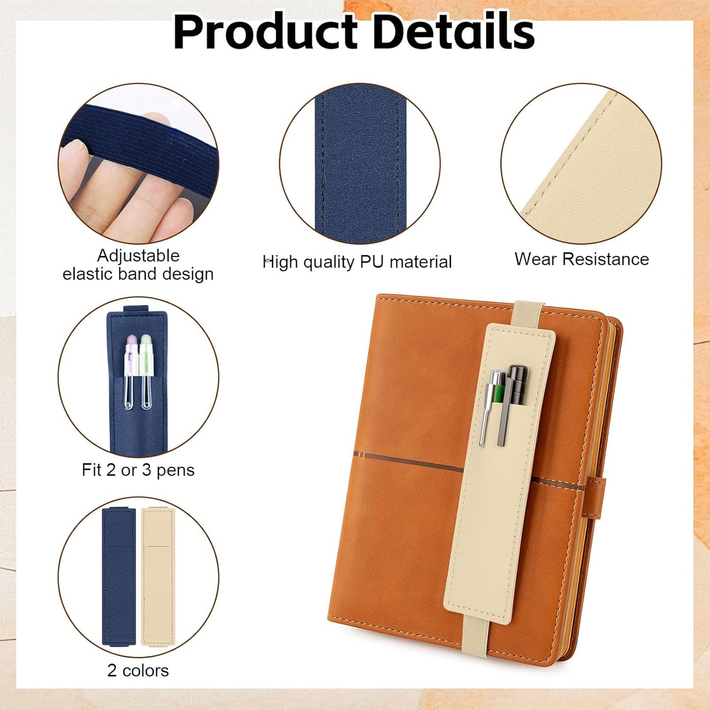 Tokusatsu 2 Pack Adjustable Elastic Pen Holder for Notebook, PU Leather Pencil Pouch with Stretchable Band, Fits Journals, Binders, Planners, Books, Portable Pen Sleeve Pouch, Off-White