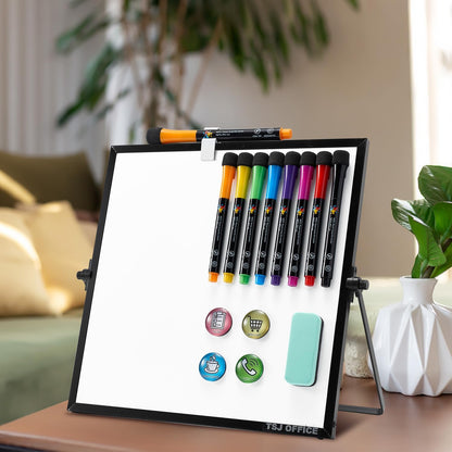 TSJ OFFICE Small White Board - 12 X 16 Inches Small Magnetic Dry Erase Board with Hooks for Wall, Desktop Whiteboard Stand 360 Degrees Revolving Double Sided for Office, Home, School, Silver