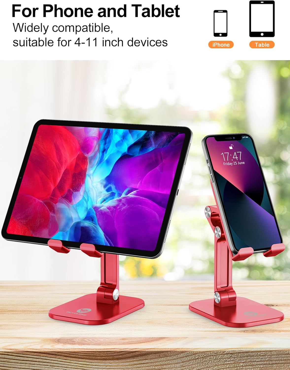OCYCLONE Phone Stand, Cell Phone Stand Holder for Desk Office Accessories Adjustable Height and Angle Foldable iPhone Stand Compatible with 4"-13" All Phones iPad Tablet - Black