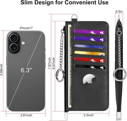 RFID Blocking Slim Credit Card Holder Wallet with Zipper Money Pocket & Keychain, Slim Airtag Wallet for Men Women