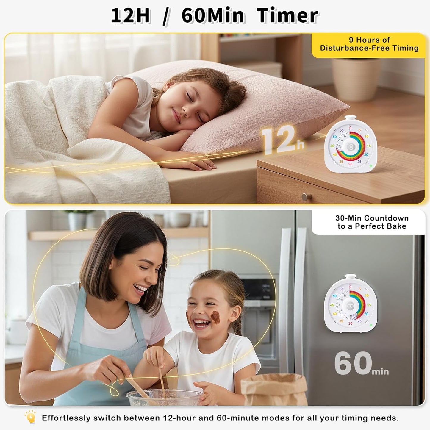 Visual Timer for Kids and Adults 60 Min/12 Hour Rechargeable Countdown Timer with Magnetic Sticker and Mute Function Kids Pomodoro Timers for Classroom Office Kitchen Silent Operation & Rainbow Disk