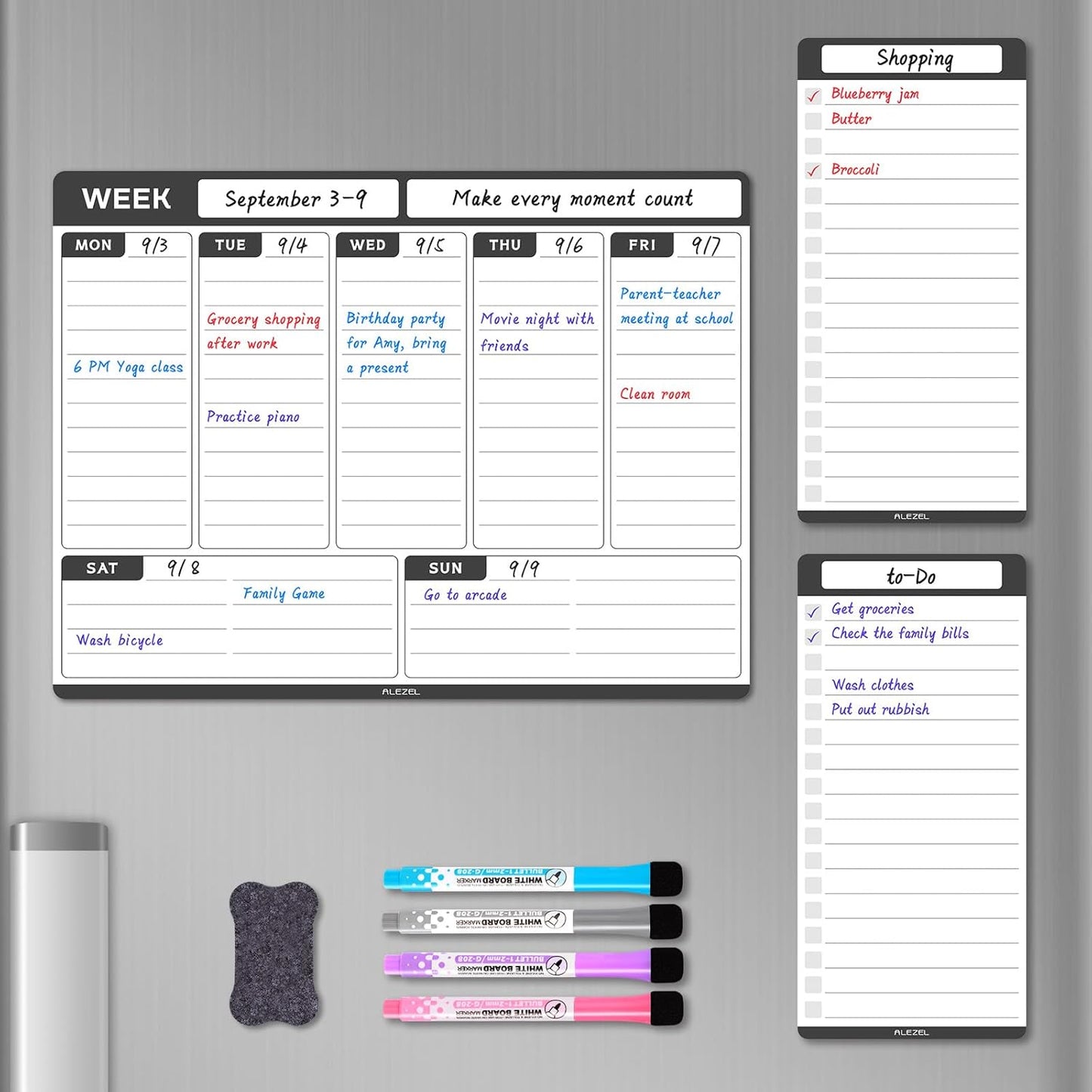 ALEZEL Magnetic Weekly Calendar Whiteboard for Fridge, Refrigerator Dry Erase Weekly White Board, Includes Magnetic Weekly Planner for Fridge with 2 List Boards, 4 Markers + Eraser