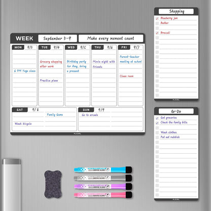 ALEZEL Magnetic Weekly Calendar Whiteboard for Fridge, Refrigerator Dry Erase Weekly White Board, Includes Magnetic Weekly Planner for Fridge with 2 List Boards, 4 Markers + Eraser