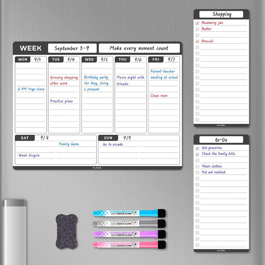 ALEZEL Magnetic Weekly Calendar Whiteboard for Fridge, Refrigerator Dry Erase Weekly White Board, Includes Magnetic Weekly Planner for Fridge with 2 List Boards, 4 Markers + Eraser