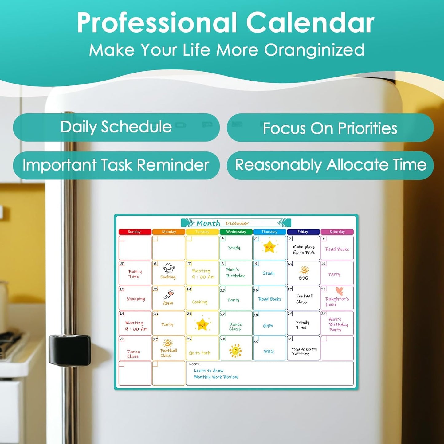 MaxGear Weekly Dry Erase Board for Fridge, 16"x12" Magnetic Calendar Whiteboard Planner for Refrigerator with Stain Resistant Technology, Include 7 Fine Point Markers and 1 Eraser
