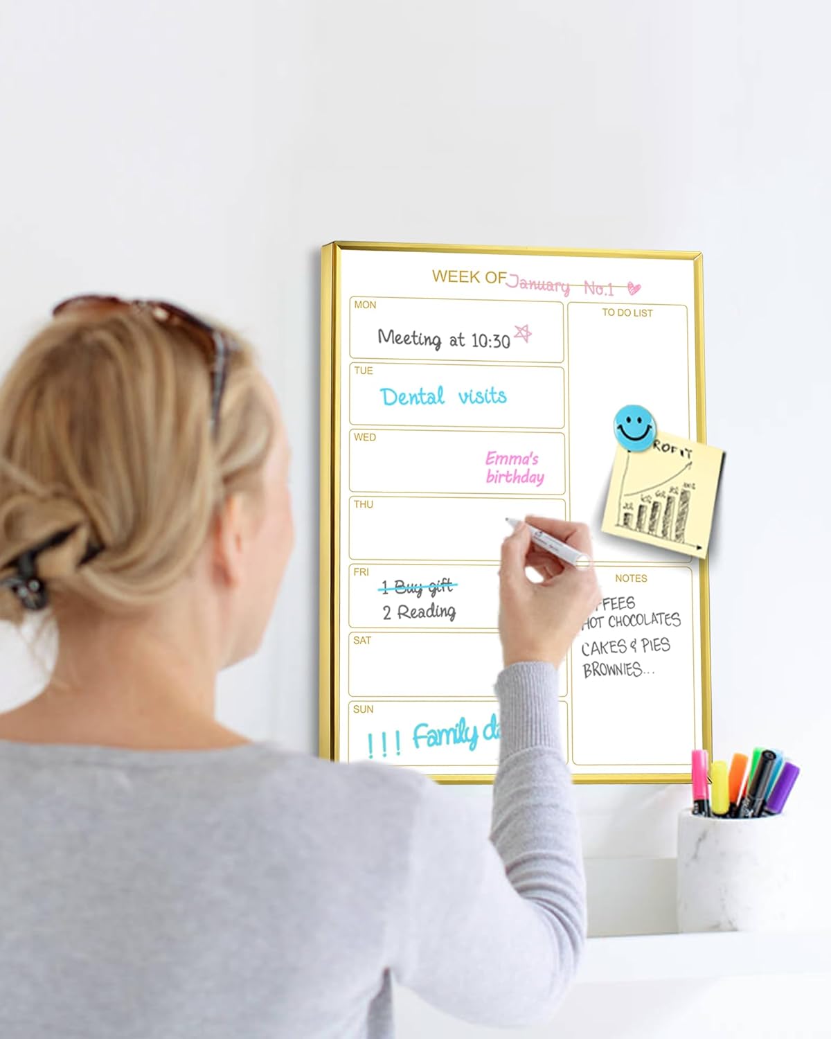 Weekly Dry Erase Whiteboard Calendar, 14.2"x10.2" Magnetic Surface Memo Board, Minimal Design Weekly Planner for Wall, Goledn Frame Dry Erase Board for Office School Home(ZLBB-S-AL-2636)