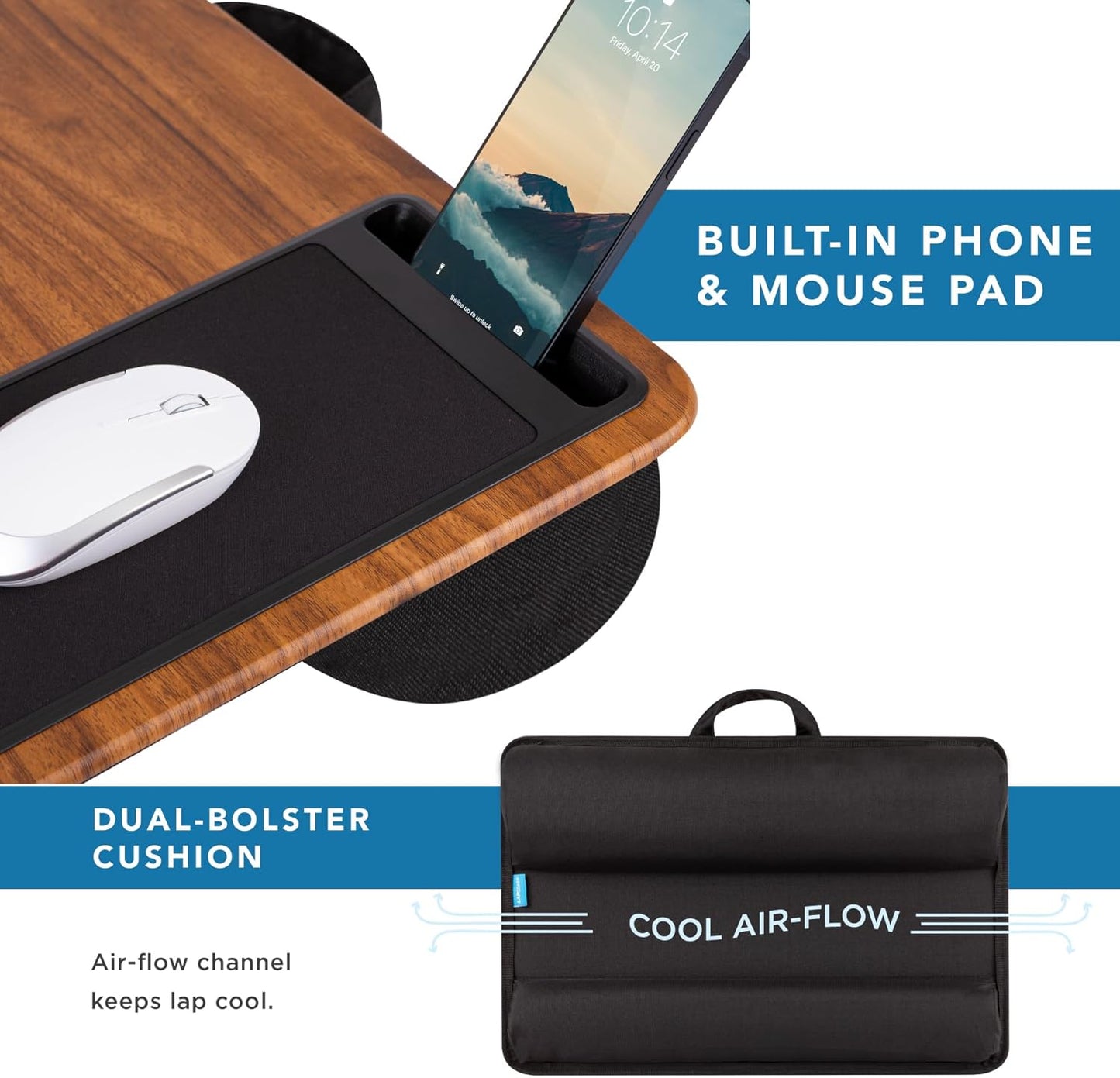 LAPGEAR Home Office Lap Desk with Device Ledge, Mouse Pad, and Phone Holder - Black Carbon - Fits up to 15.6 Inch Laptops - Style No. 91588