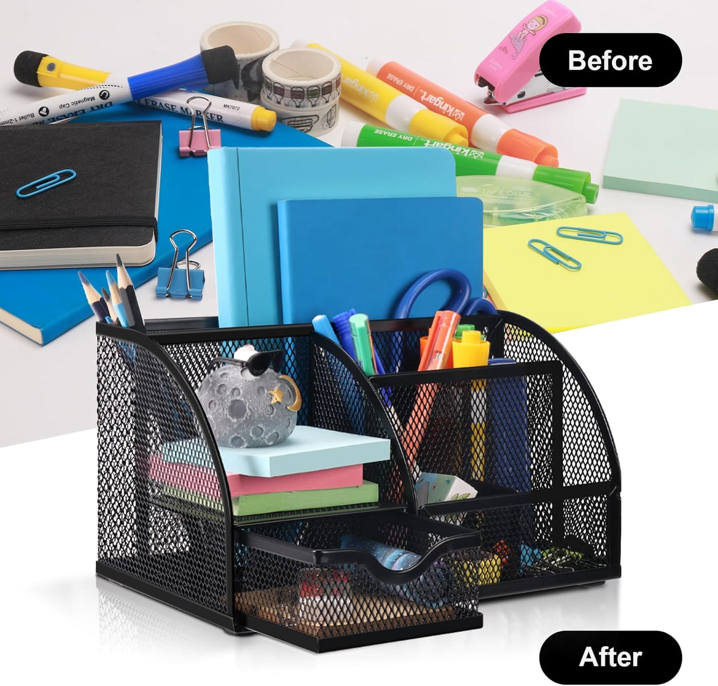Comix Mesh Pen Pencil Holder Desk Organizer, 3 Compartment Wire Desktop Pen Pencil Cup Caddy Office Supplies Accessories for Home Office School, Black(2 Pack)