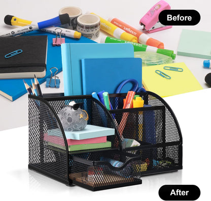 Comix Mesh Pen Pencil Holder Desk Organizer, 3 Compartment Wire Desktop Pen Pencil Cup Caddy Office Supplies Accessories for Home Office School, Black(2 Pack)