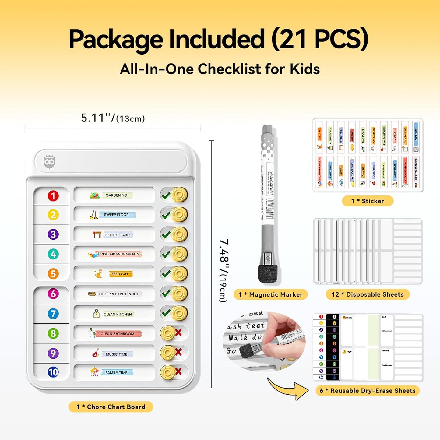 Chore Chart for Kids, Checklist Planning Board with Sliders, 19 Personalizable Sheets and Magnetic Marker, ADHD Tools for Kids to Do List Routine Chart Visual Schedule Board with Stand