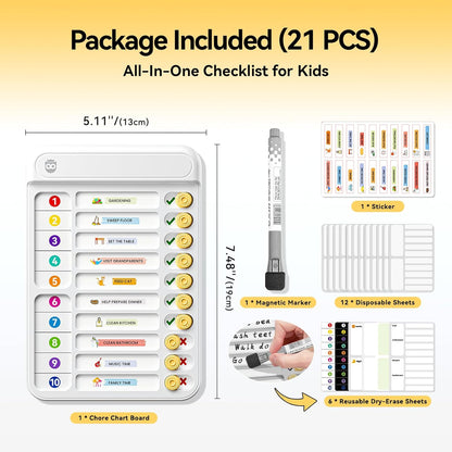 Chore Chart for Kids, Checklist Planning Board with Sliders, 19 Personalizable Sheets and Magnetic Marker, ADHD Tools for Kids to Do List Routine Chart Visual Schedule Board with Stand