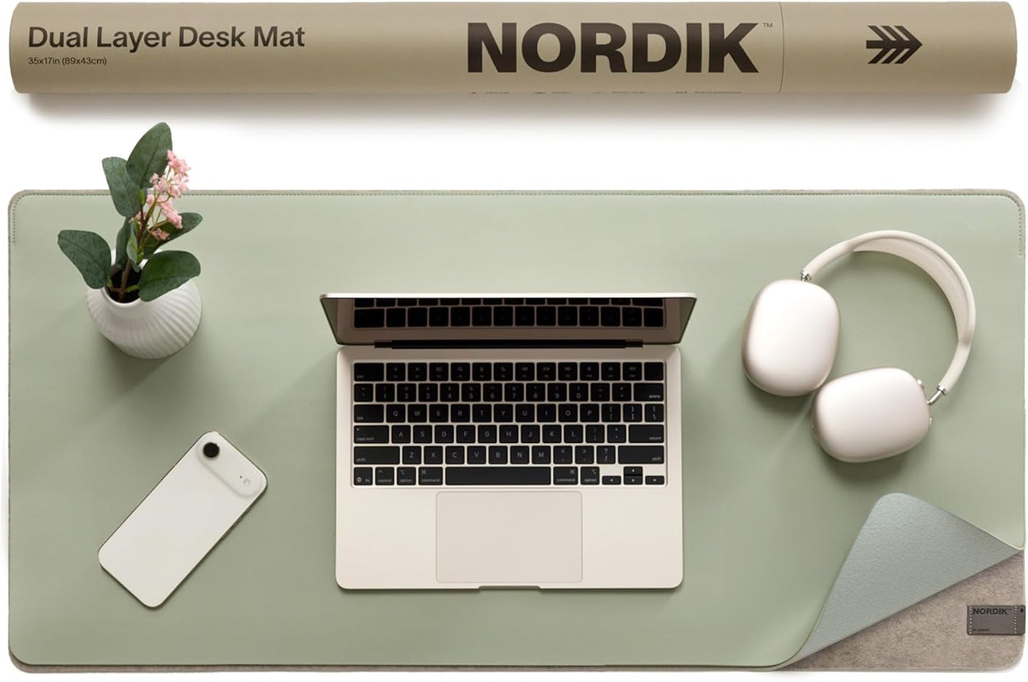 Nordik Felt and Leather Desk Mat - Willow Haze Sage - 35x17 Inch Felt and Vegan Leather Desk Blotter with Document Hideaway - Large Computer Mats for Desktop - Ideal Keyboard Mat for Office and Home