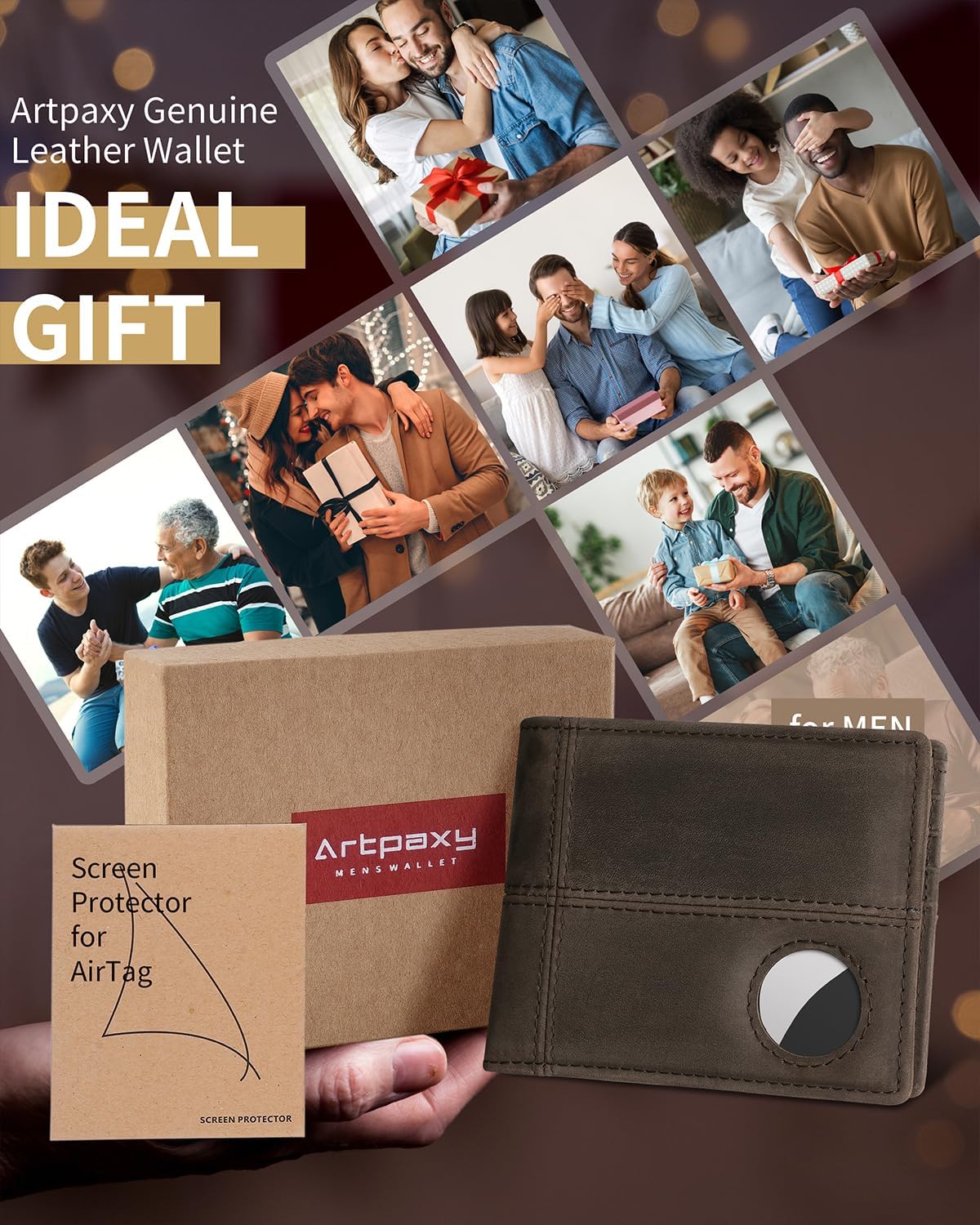 Mens Wallet With AirTag Holder, Bifold Leather RFID Blocking 1-2 ID Windows 12-13 Card Holders, Gift Box and Screen Protector Included, AirTag Not Included