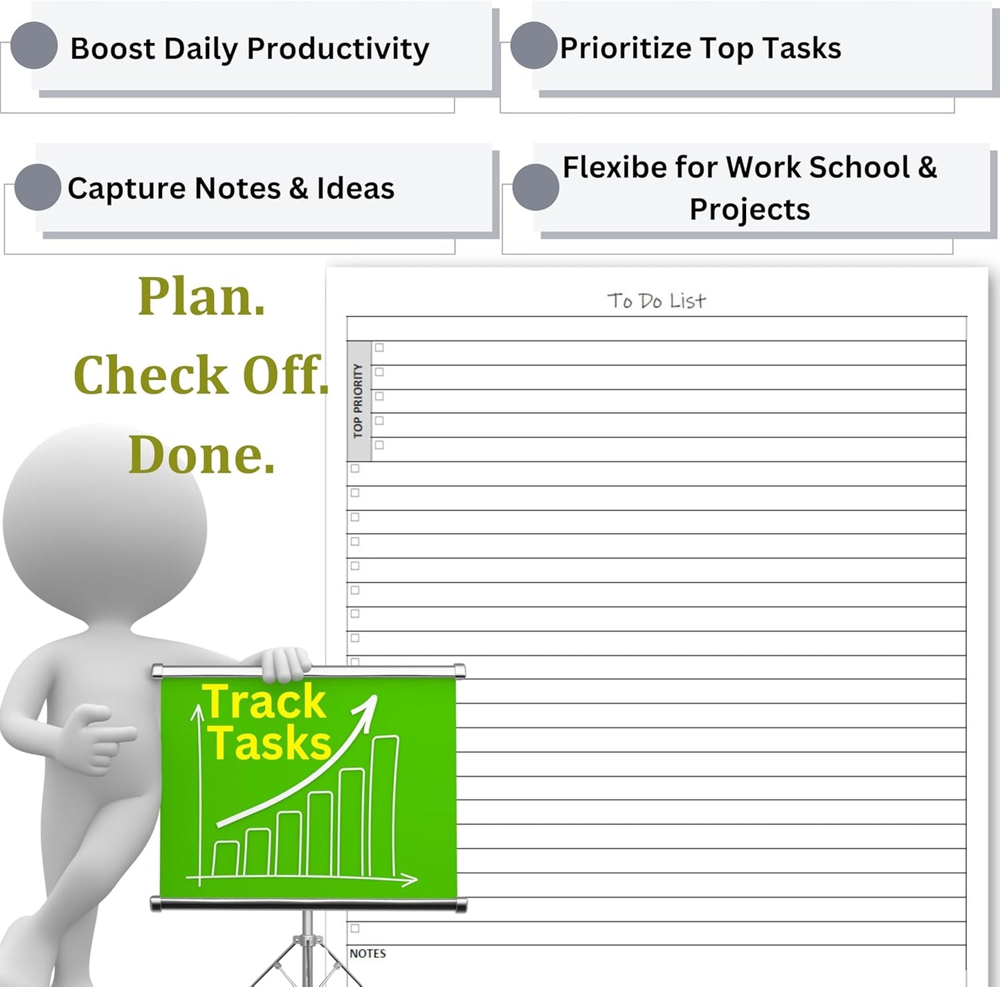TO DO List Planner Notepad, 60 Page Planning Pad. Undated ToDo Checklist w/Priority & Note Sections. Organize & Track Projects, Clients or Daily Tasks. 8.5 X 11, A4 Tear Sheets.