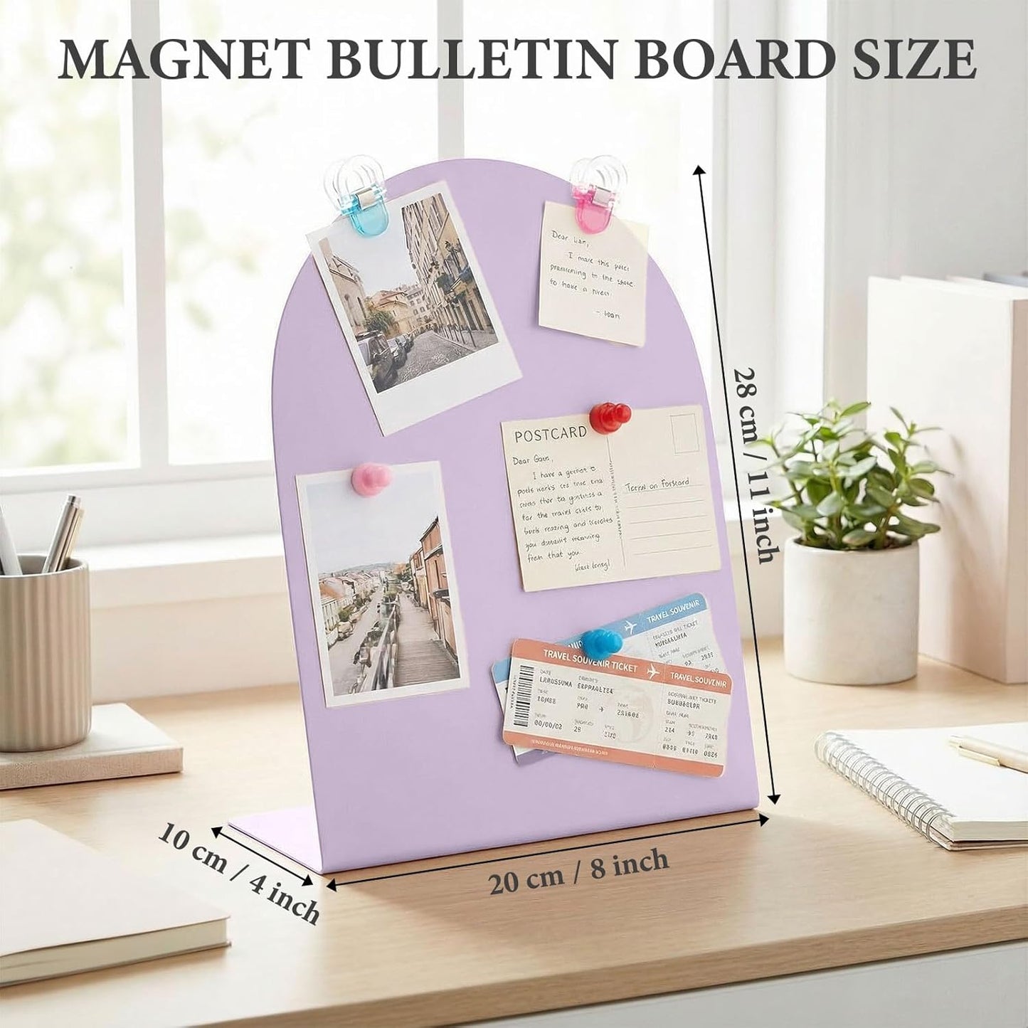 2 Pack Purple Magnetic Display Board, 11 × 8" Metal Desktop Magnet Bulletin Board, Anti-Slip Arch Memo Message Photo Display Board for Organized Space at Home, Office, Dorm, Store Table