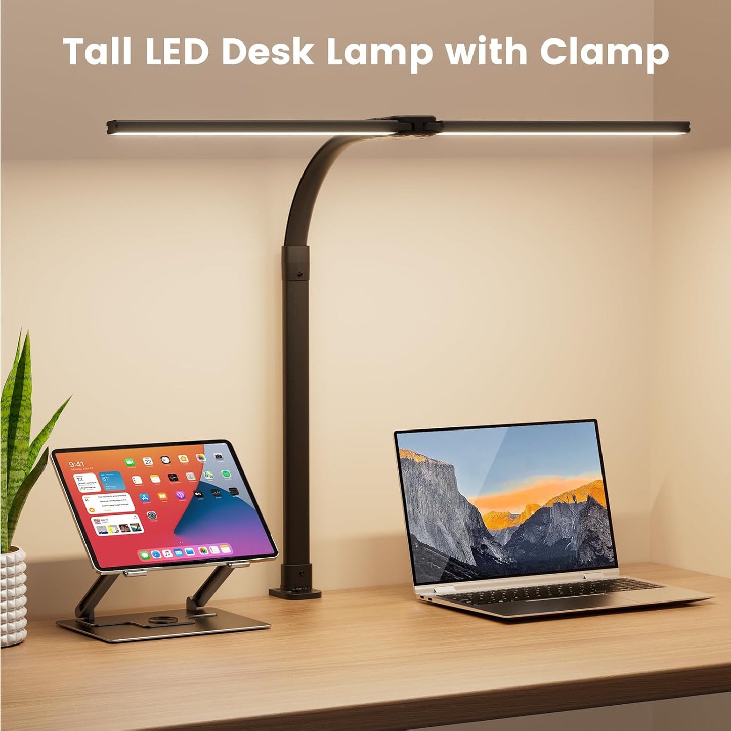 LED Desk Lamp with Base - Bright Dimmable Computer Lamp with Phone Holder, 24W Bendable Desk Light for Monitor Screen, Eye-Caring Tall Desktop Light for Task Home Office Work, Black, Dual Head