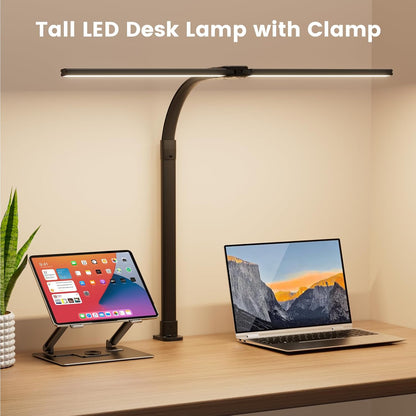 LED Desk Lamp with Base - Bright Dimmable Computer Lamp with Phone Holder, 24W Bendable Desk Light for Monitor Screen, Eye-Caring Tall Desktop Light for Task Home Office Work, Black, Dual Head