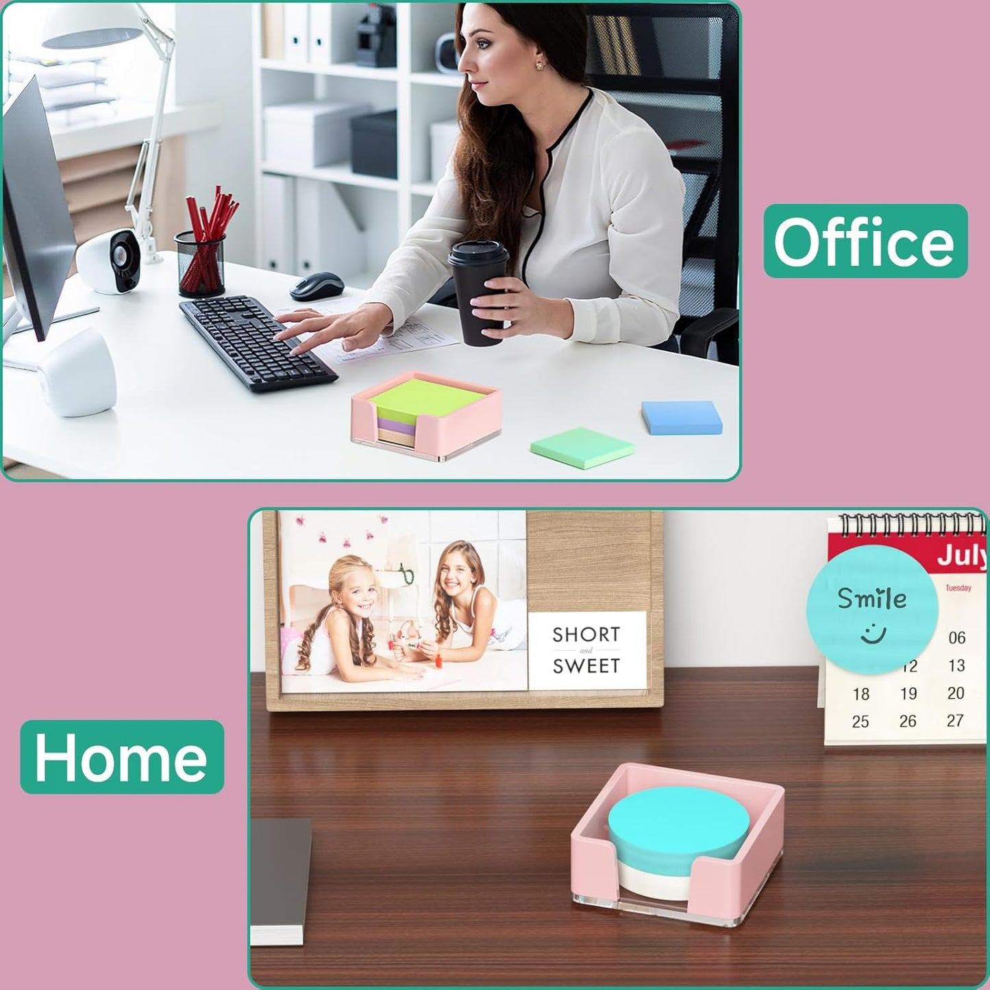 Sticky Note Holder, Glitter Pink Acrylic Notepad Holder 3x3 in Self-Stick Note Dispenser Office Desk Accessories, Memo Pad Holder Organizer for Classroom School Supplies