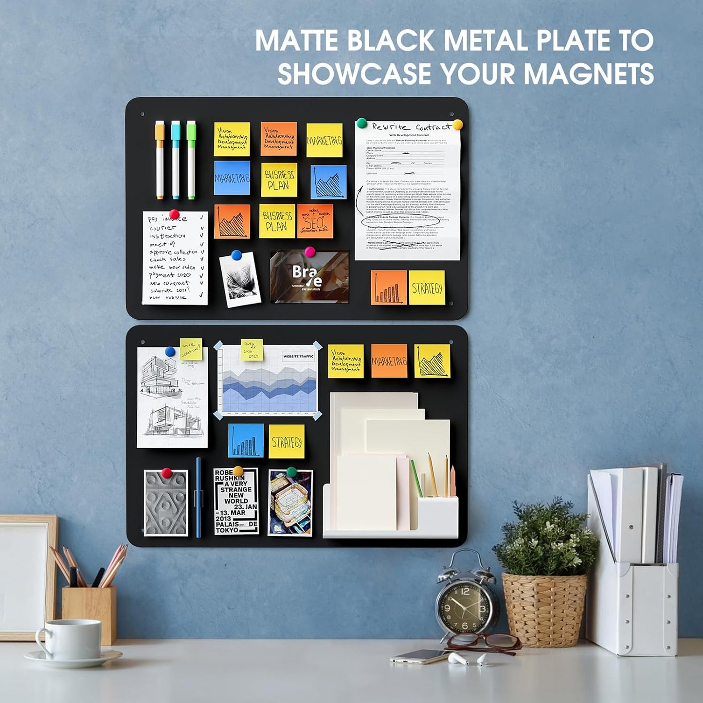 MaxGear Magnetic Board 17.5" x 11.4" Black Metal Magnet Bulletin Board for Wall, Refrigerator, Magnetic Board Display Notes, Photos, and More - Includes Dual Lock Tape and Screws