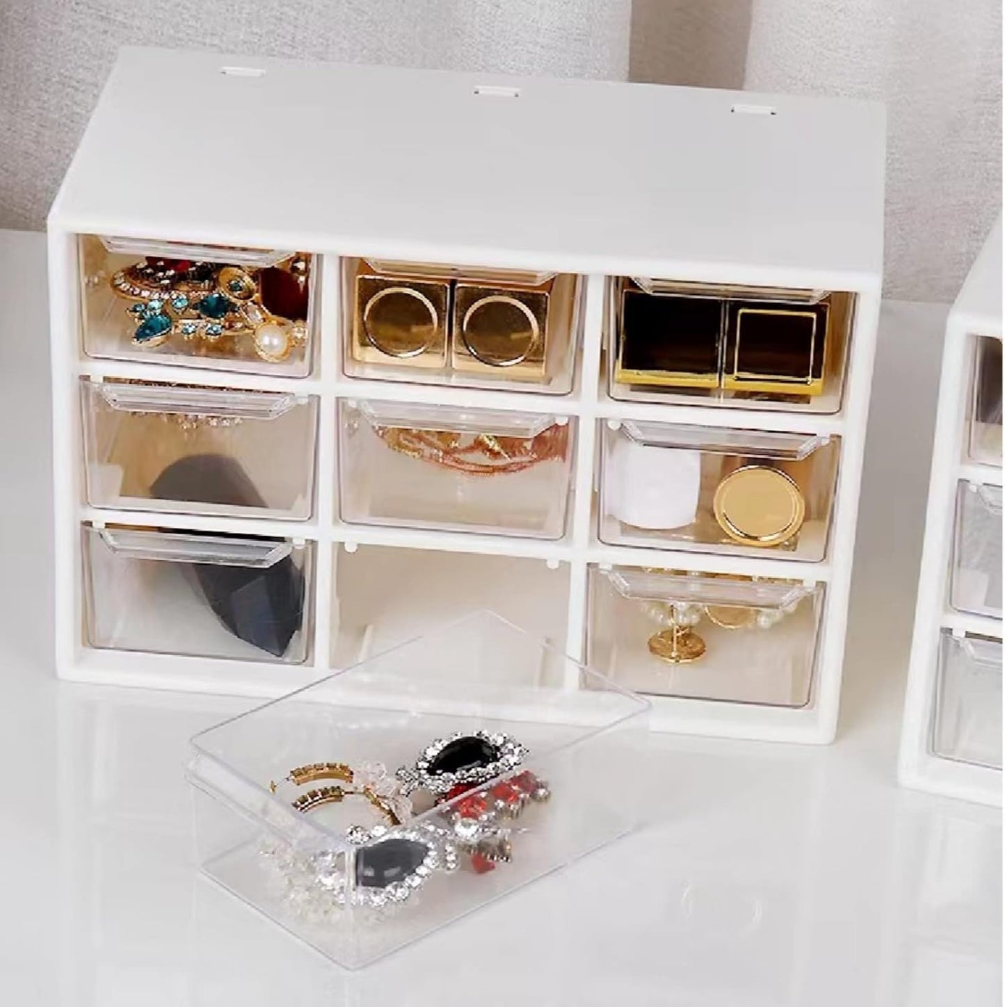 Feadily 2PCS Small Drawer Organizer for Desk, Desktop Drawer Organizer with 9 Clear Drawers, Plastic Desktop Storage Drawers 7.1 Inch x 3 .9 Inch x 4.7 Inch, White