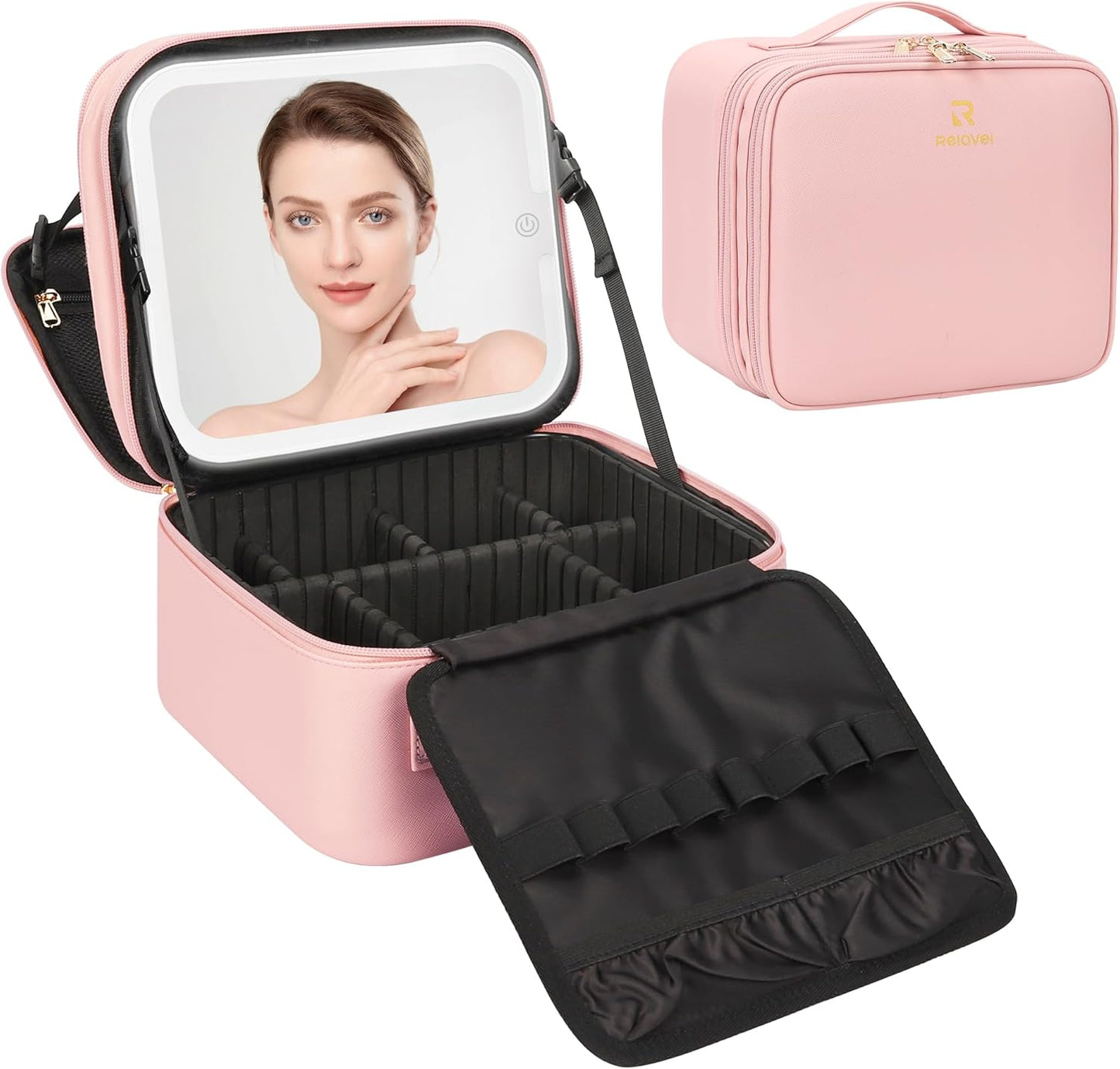 Relavel Travel Makeup Bag With LED Mirror, Cosmetic Train Case with Light up Mirror, Portable Makeup Artist Organizer Bag with Adjustable Dividers, Makeup Brush Holder Storage, Black