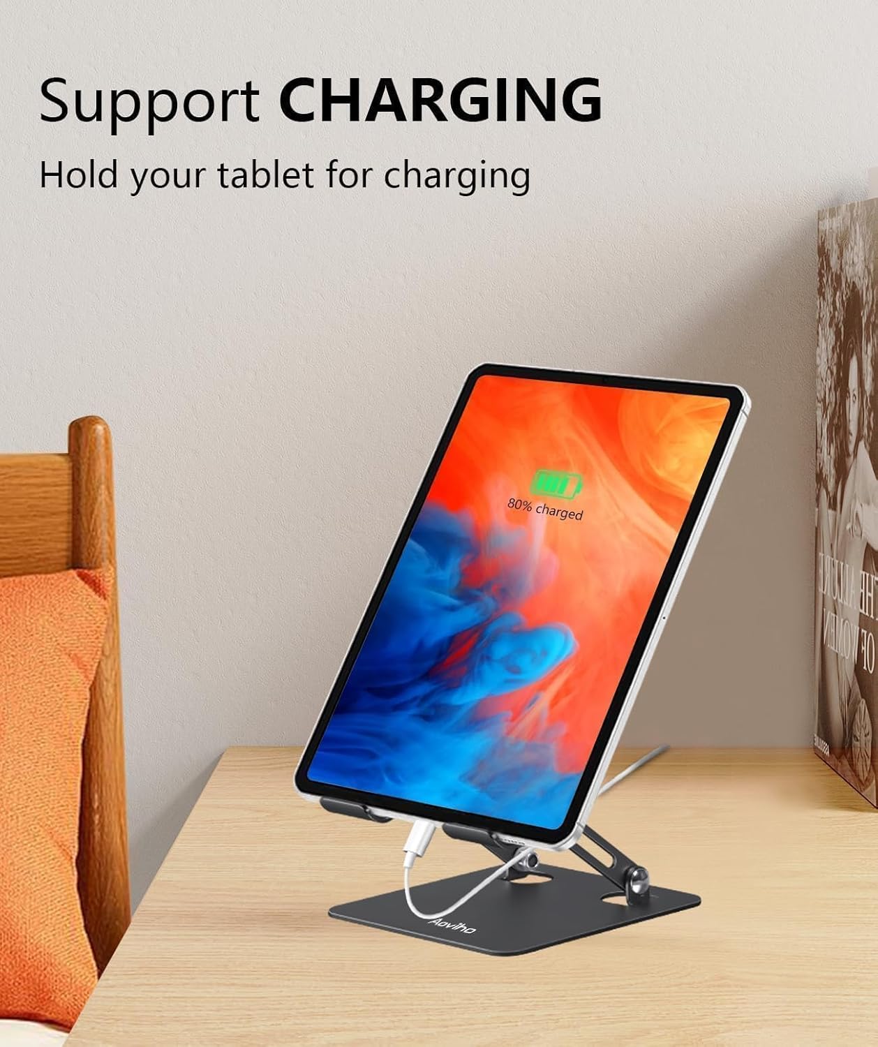 Aoviho Tablet Stand Holder for Desk, Adjustable Aluminum Desk Accessories, Stable Desktop Stand for Office Home,Compatible with iPad Pro Air Mini, Samsung Tablets, Rose Gold