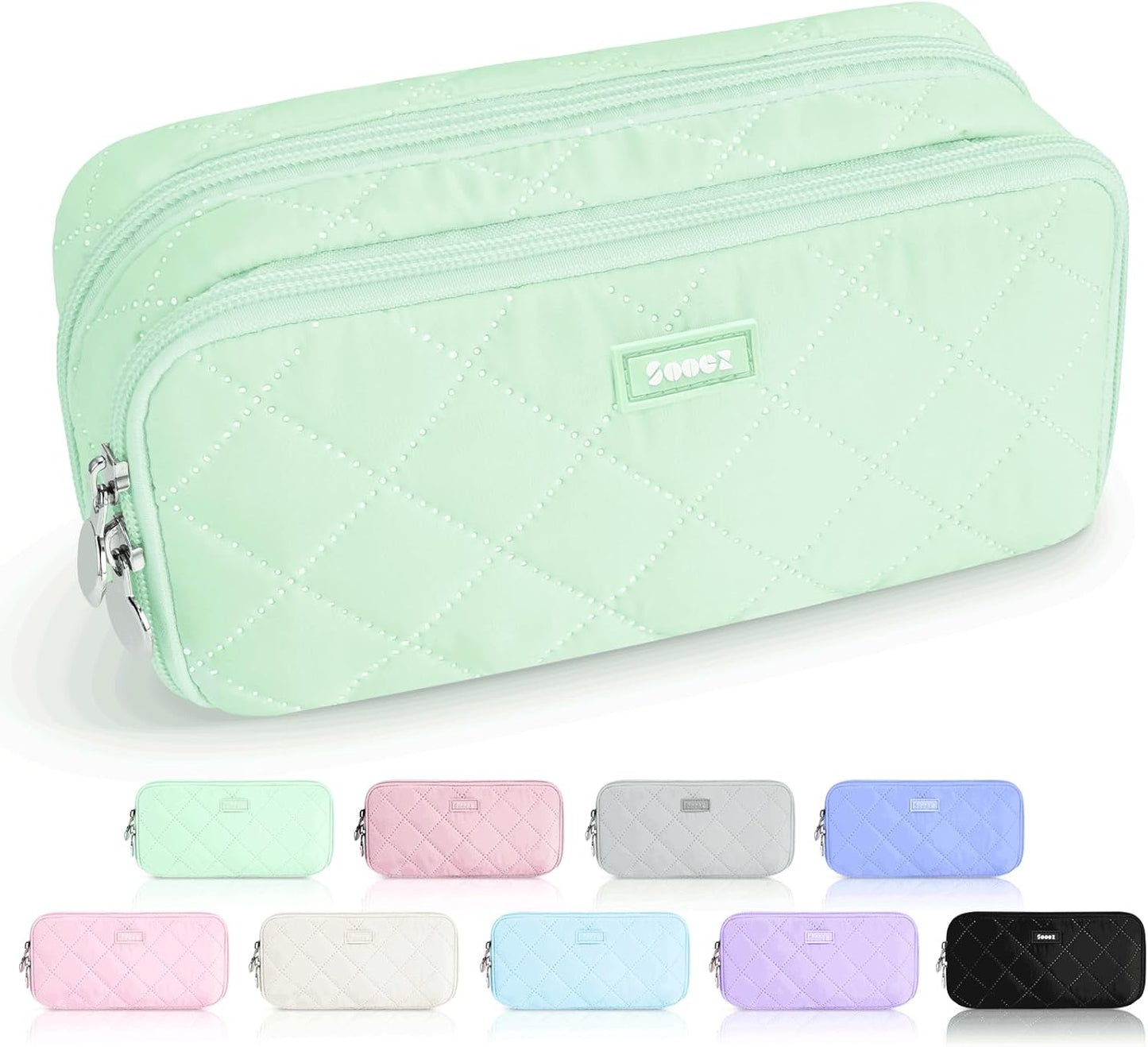Sooez Large Pencil Case Pouch, Extra Big Pencil Bag with 8 Compartments, Pen Bag Wide Opening, Soft Quilted Pencil Pouch Organizer with Zipper, Portable Pencil Case for Teen Girls, Pink