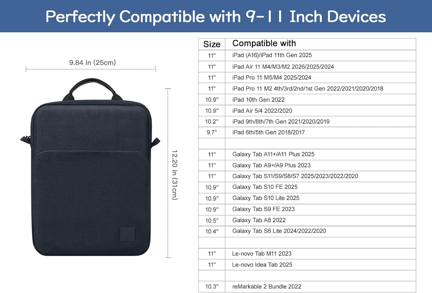 Dadanism 9-11 Inch Tablet Sleeve Bag Carrying Case with Shoulder Strap for iPad (A16) 11", iPad 10th Gen 10.9", iPad Air M4/Pro M5 11", iPad 9/8/7th 10.2", Galaxy Tab A11+ Plus 11", Cloudy Pink