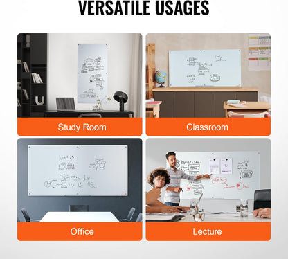 VEVOR Magnetic Glass Whiteboard, Dry Erase Board 36"x24", Wall-Mounted Large White Glassboard Frameless, with Marker Tray, an Eraser and 2 Markers, Black