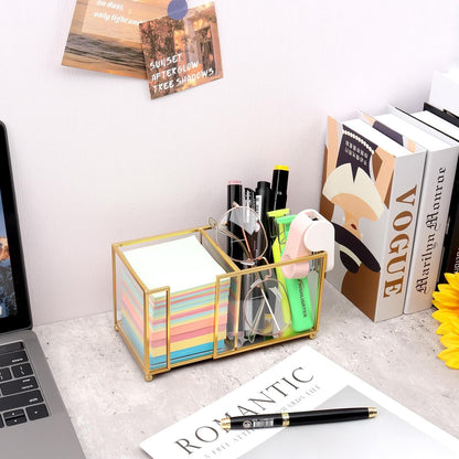 Glass Sticky Note Holder, Gold Post It Note Dispenser for Desk,3 x 3 Inch Post It Note Holder,Stylish Sticky Note Dispenser for Home Office Desk