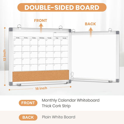 Weekly Dry Erase Calendar Whiteboard for Wall, 24" x 18" Double-Sided Weekly Planner White Board Cork Combo, Hanging & Wall Mount Week Bulletin Board with Notes for Home, Office, School, Kitchen