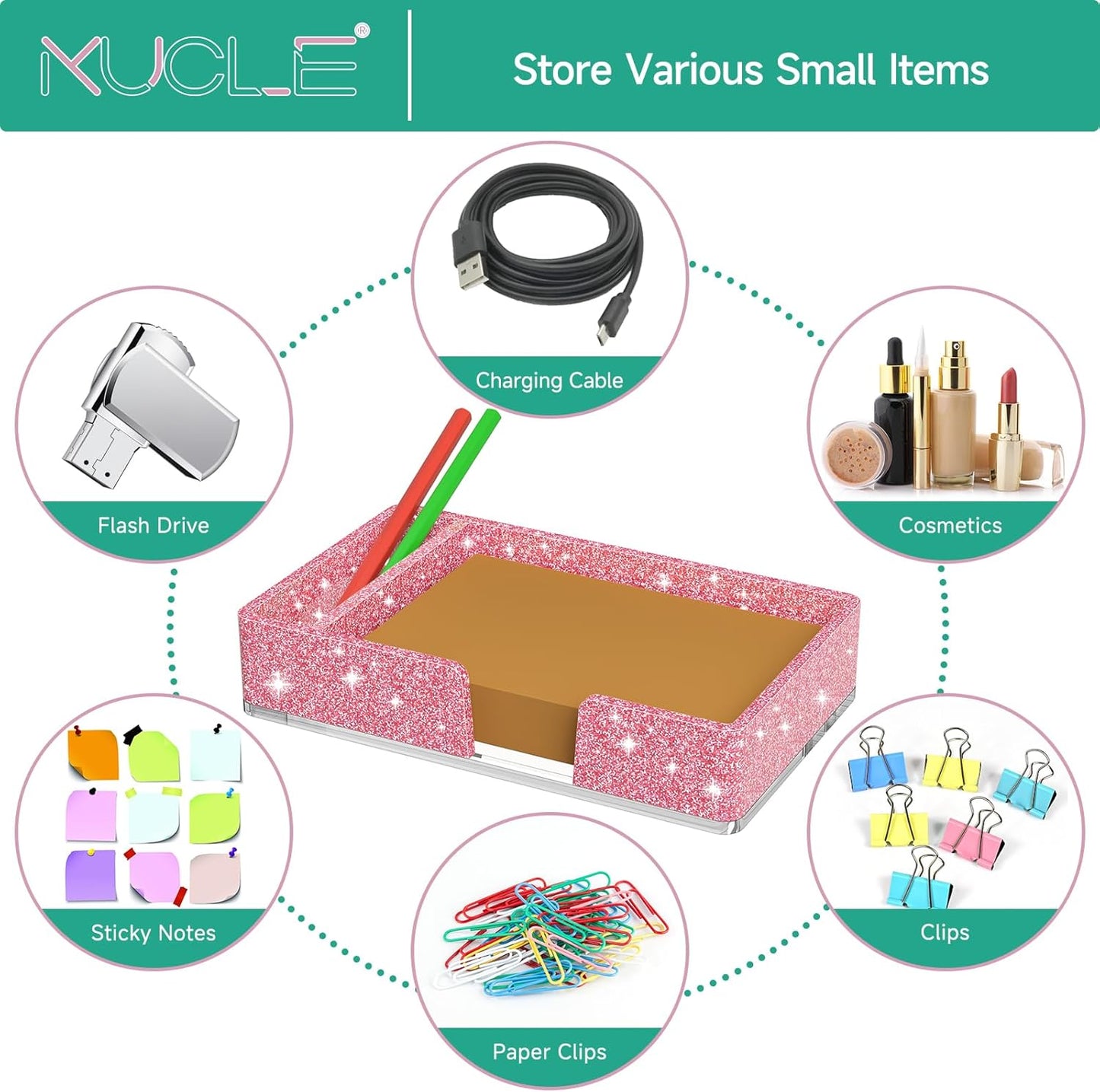 Sticky Note Holder, Glitter Pink Acrylic Notepad Holder 3x3 in Self-Stick Note Dispenser Office Desk Accessories, Memo Pad Holder Organizer for Classroom School Supplies
