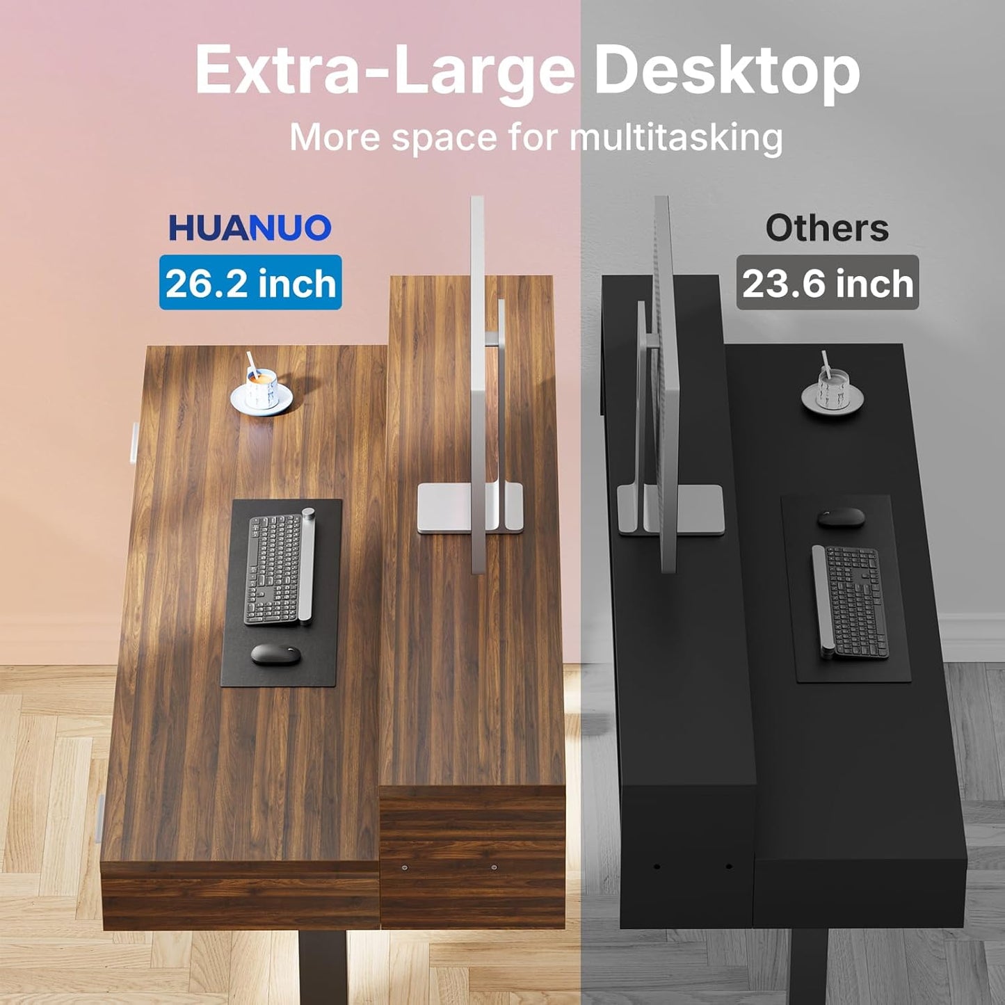 HUANUO 55″ x 26″ Electric Standing Desk with 2 Drawers &24.4″ Large Keyboard Tray, C-Clamp Mount Compatible, Adjustable Computer Desk for Office, Sit Stand Up Desk with 4 Height Presets, Light Walnut