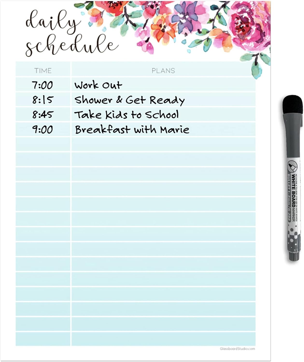 Dry Erase Daily Schedule Planner Sticker Decal by Glassboard Studio | Removable & Reusable | Magnetic Fine-Tip Marker Included (9 x 12 inches, White)