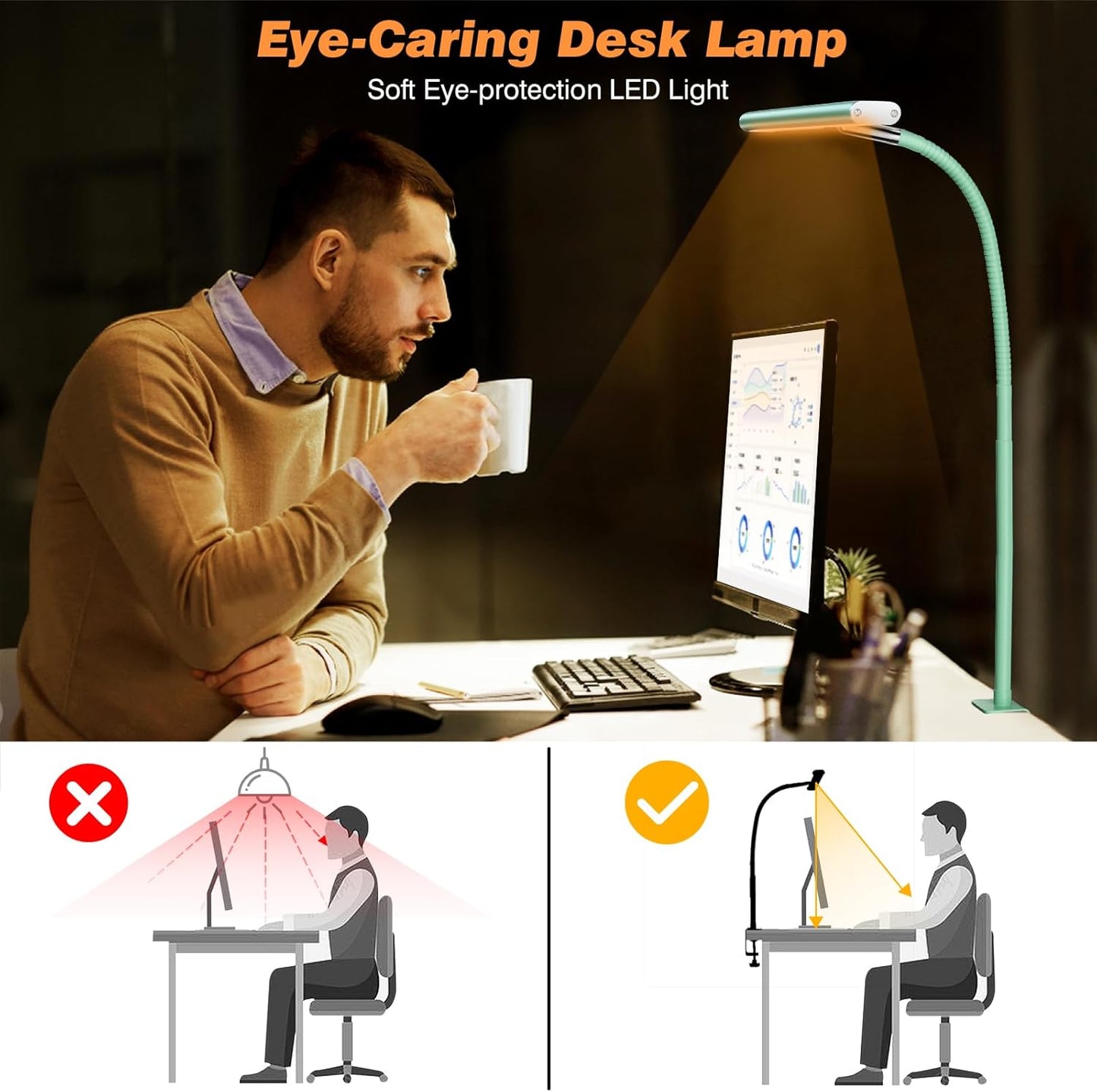 Airlonv LED Desk Lamp for Office Home, Eye-Caring Desk Light with Stepless Dimming Adjustable Flexible Gooseneck, 10W USB Adapter Desk Lamp with Clamp for Reading, Study, Workbench (Black)
