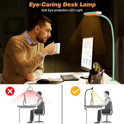 Airlonv LED Desk Lamp for Office Home, Eye-Caring Desk Light with Stepless Dimming Adjustable Flexible Gooseneck, 10W USB Adapter Desk Lamp with Clamp for Reading, Study, Workbench (Black)