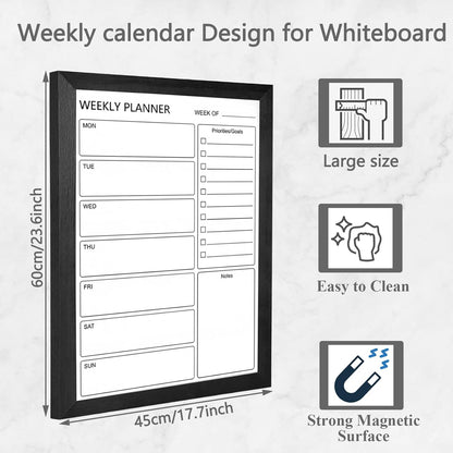 Dry Erase White Board Weekly Calendar Board, Magnetic Whiteboard for Wall,13“x17 Solid Wood Rustic Brown Framed Message Board, Planner Board for Office, Home, School(Weekly-BB-RB-3343)