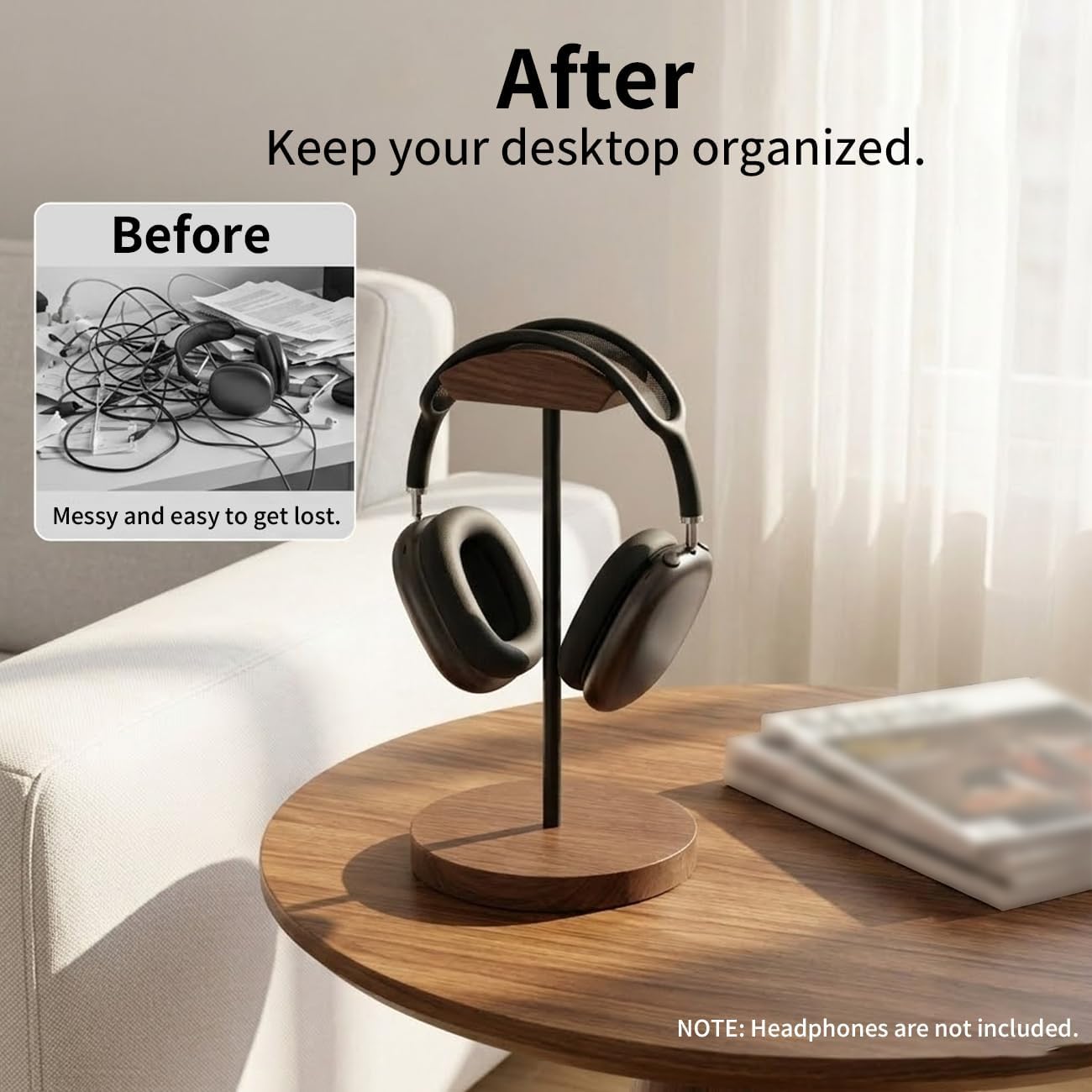 Headphone Holder Stand for Desk, Wood and Metal Headset Hanger Mount Hook Gaming Holder Desktop Earphone Artful Functional Craftsmanship Stand for All Headsets with Solid Wooden Base