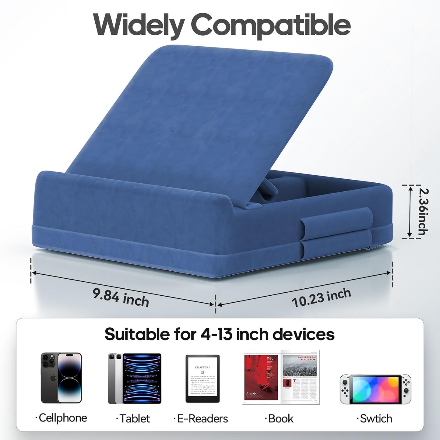 KDD Tablet Pillow Stand with Storage, Foldable iPad Holder for Bed, Lap and Desk, Angle Adjustable Soft Pad Dock with Stylus Mount Compatible with Ipad Pro 12.9, 10.5, 11, Air, Mini, Phones, Books