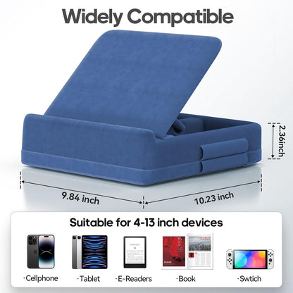 KDD Tablet Pillow Stand with Storage, Foldable iPad Holder for Bed, Lap and Desk, Angle Adjustable Soft Pad Dock with Stylus Mount Compatible with Ipad Pro 12.9, 10.5, 11, Air, Mini, Phones, Books