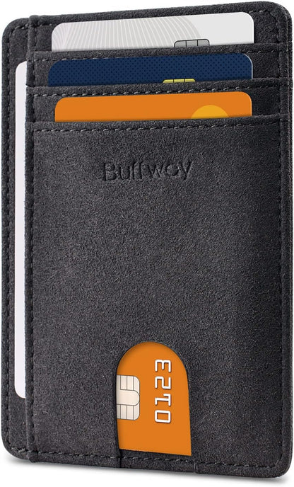 Buffway Slim Minimalist Front Pocket RFID Blocking Leather Wallets for Men and Women - Carbon Fiber Black - Colors B